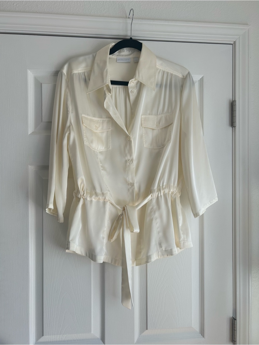 New York & Co Tie-Waist Button Front Blouse in Cream